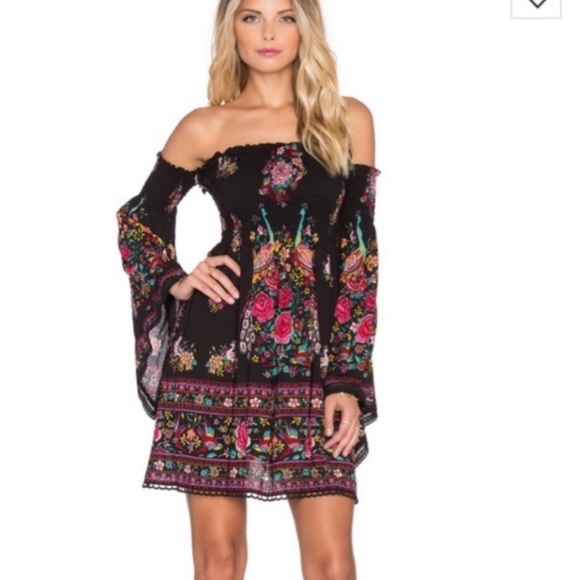 Flying Tomato Floral Off The Shoulders Smocked Bodice Mini Peasant Dress Size M - Picture 1 of 10
